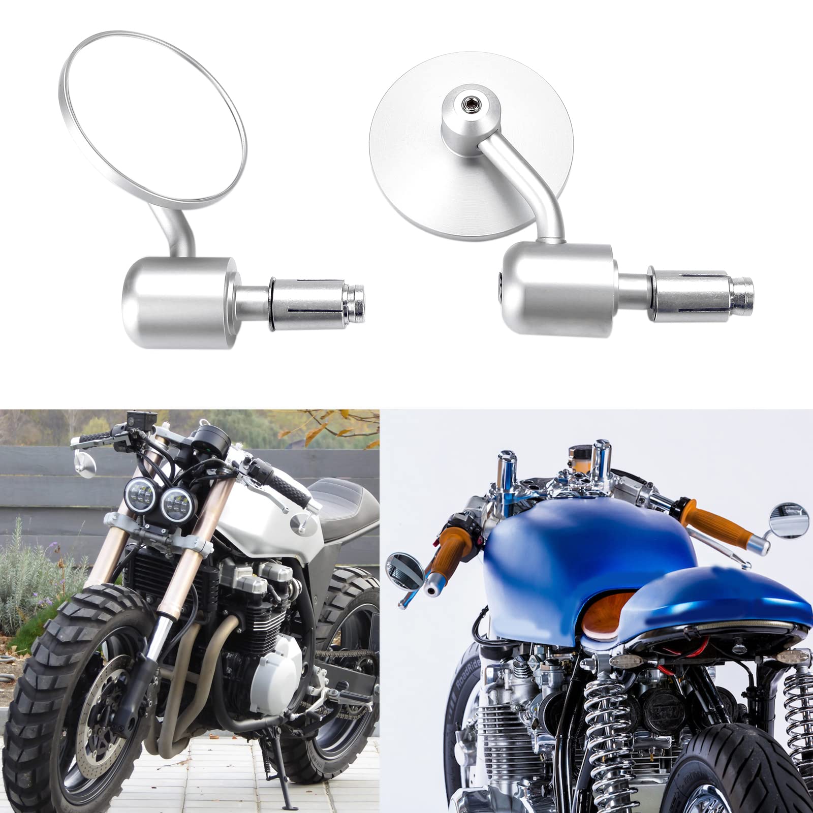 Photo 1 of Chrome Universal Motorcycle Rearview Mirrors 7/8" Bar End Compatible with Honda Cafe Racer Yamaha Suzuki Kawasaki Scooter(Chrome)