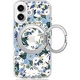 FEWGEY for iPhone 16 Case with MagSafe Stand Ring for Women, Cute Clear Floral Design with 360° Kickstand Holder Magnetic Shock Proof Heavy-Duty Protection Blue Flower