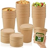 Sabary 50 Pack 20 oz Paper Soup Containers with Lid Disposable Kraft Soup Food Bowl Microwavable Food Storage Ice Cream Containers Nice for Restaurants(Brown)