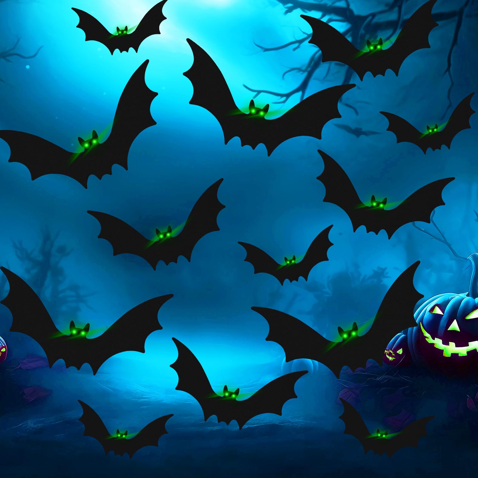 Photo 1 of 12 Pcs Hanging Bats with Lights Halloween Decoration Outside Pumpkin Skeleton Spider Outdoor Lawn Decorations 3 Size Realistic Ghost for The Tree Porch Yard Lawn Indoor(Bat)