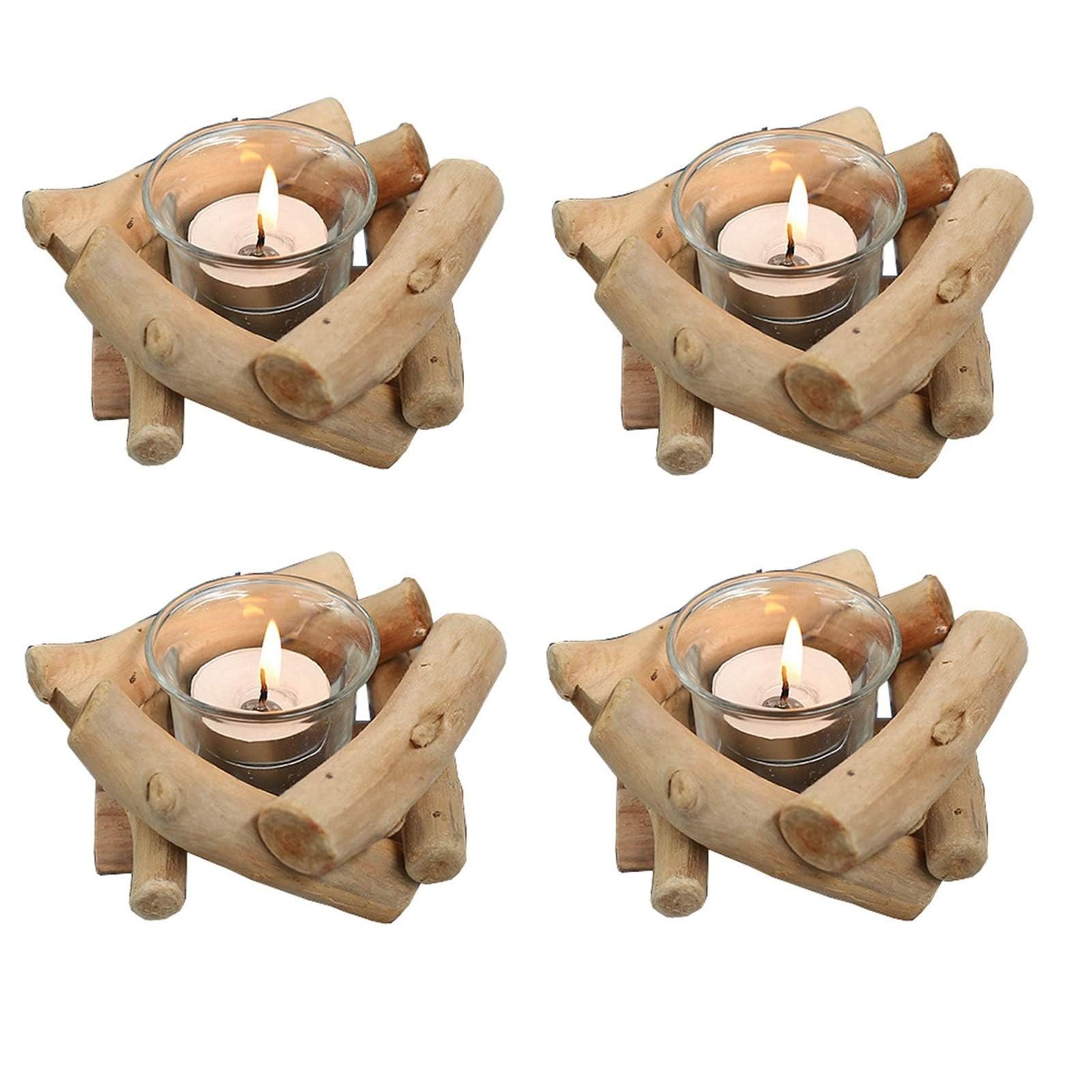 Sziqiqi Rustic Wood Votive Tealight Holder for Wedding Centrepieces, 4Pcs Driftwood Tea Light Candle Holders with Glass Cup for Farmhouse Living Room Coffee Table Home Decorations