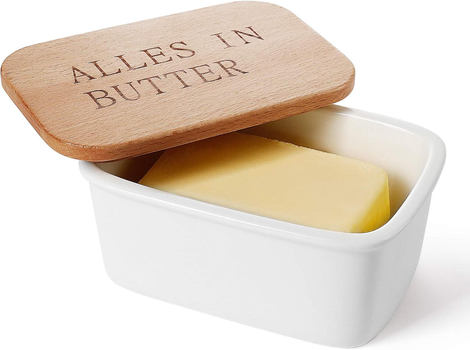Sweese 301.115 Butterdose Porzellan mit Holzdeckel, für 250 g Butter, Alles IN Butter
