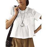 Women's Babydoll Tops Short Sleeve Lace Detail Blouses Flared Pleated Swing Sheer Mesh Shirts