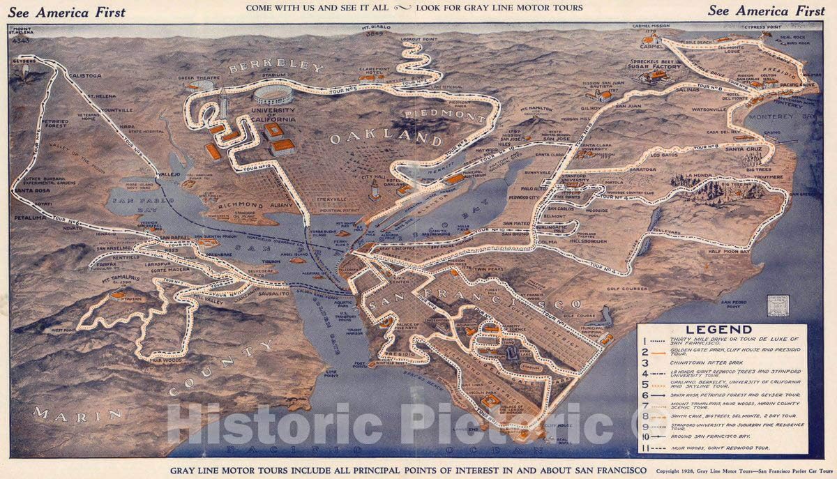 Historic Map - 1935 Ephemera - Come with us and See it All - Look for Gray Line Motor Tours - Vintage Wall Art - 77in x 44in