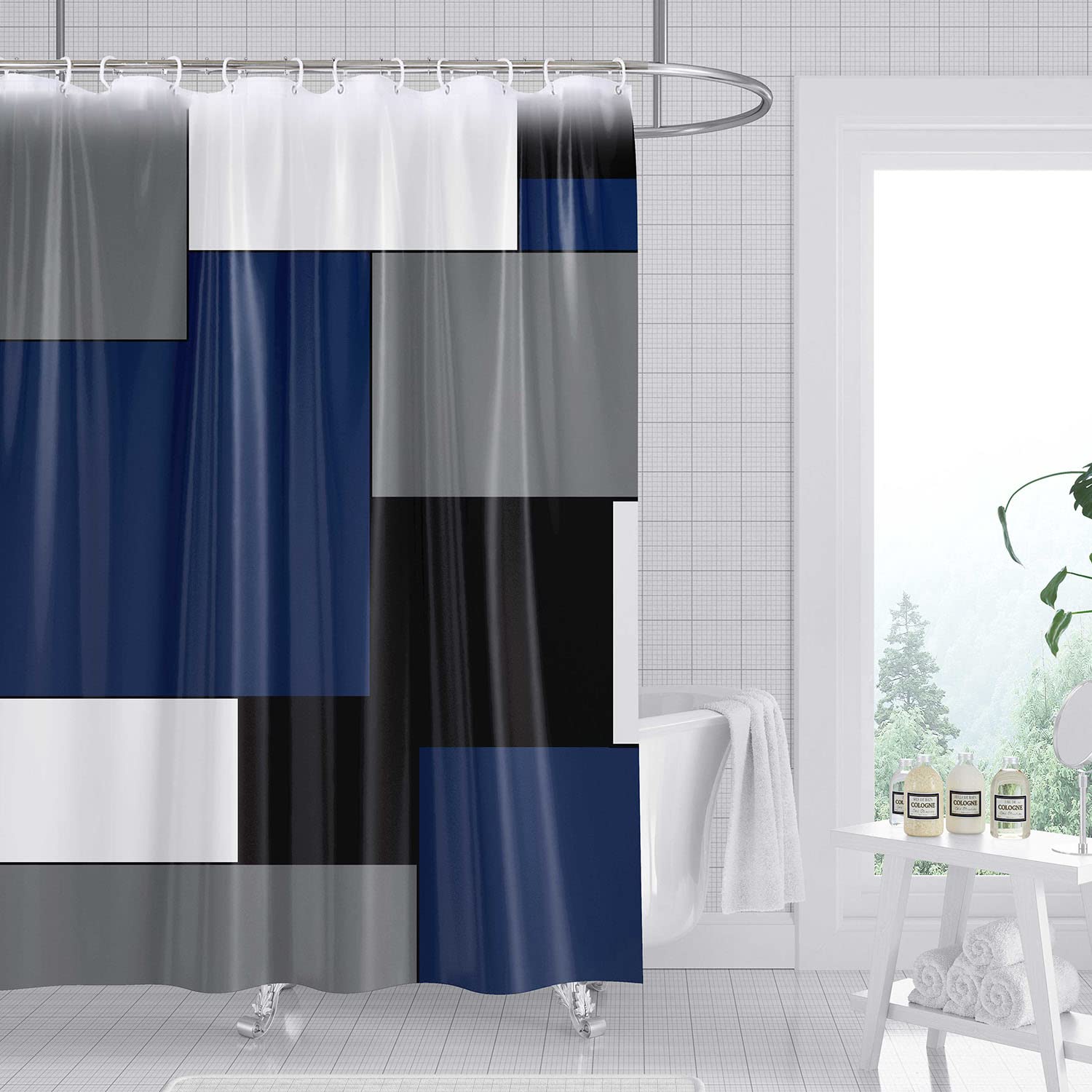 ROCK CLOUD Navy Blue and White Shower Curtain, Gray Modern Fabric Bathroom Curtains Set with Hooks Decorative Geometric Pattern Machine Washable