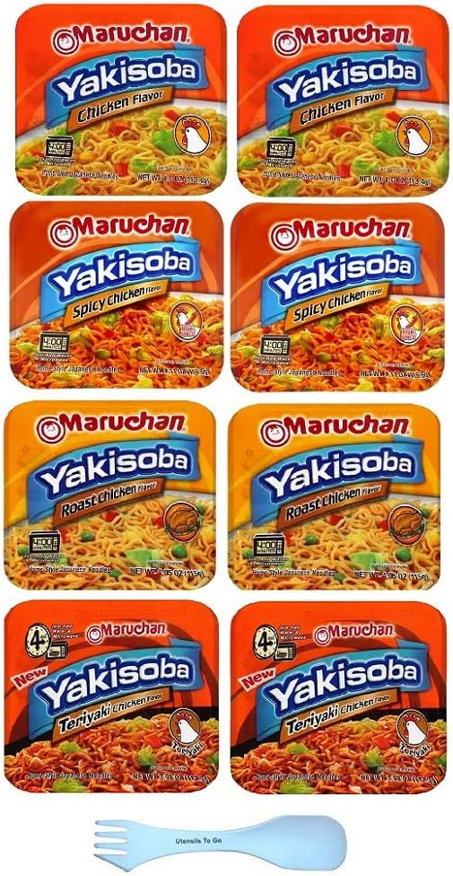 Maruchan Yakisoba Noodles 8 Pack Chicken Lover Variety Pack Bundle With 1 White Spork