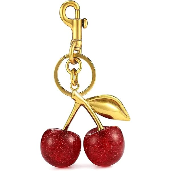 Quadafy 18K Gold Plated Cherry Keychain, Cherry Purse Charm With