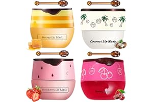TIRDET 4 PCS Bee Lip Balm Honey Pot, Honey Strawberry Cherry Coconut Sleeping Lip Mask Overnight with Sticks, Exfoliating Prevention Dry and Crack Lip Scrubs