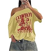 Milumia Women's Cowboy Graphic Oversized T Shirt Y2k Off Shoulder Short Sleeve Tops Streetwear