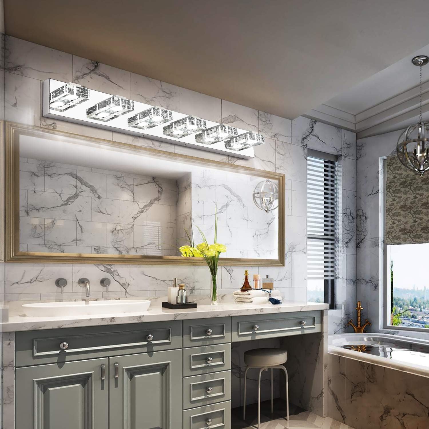 Dimmable Bathroom Light, SOLFART 4 Lights Modern Glass Stainless Steel Vanity Wall Light Over Mirror Long LED Bathroom Lighting Fixtures - - 