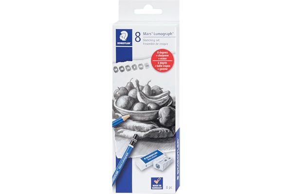 STAEDTLER Mars Lumograph Graphite Artist Sketch Set, 6 Degrees (6B, 4B, 2B, B, HB, 2H), Mini Mars Plastic Eraser, Metal Sharp