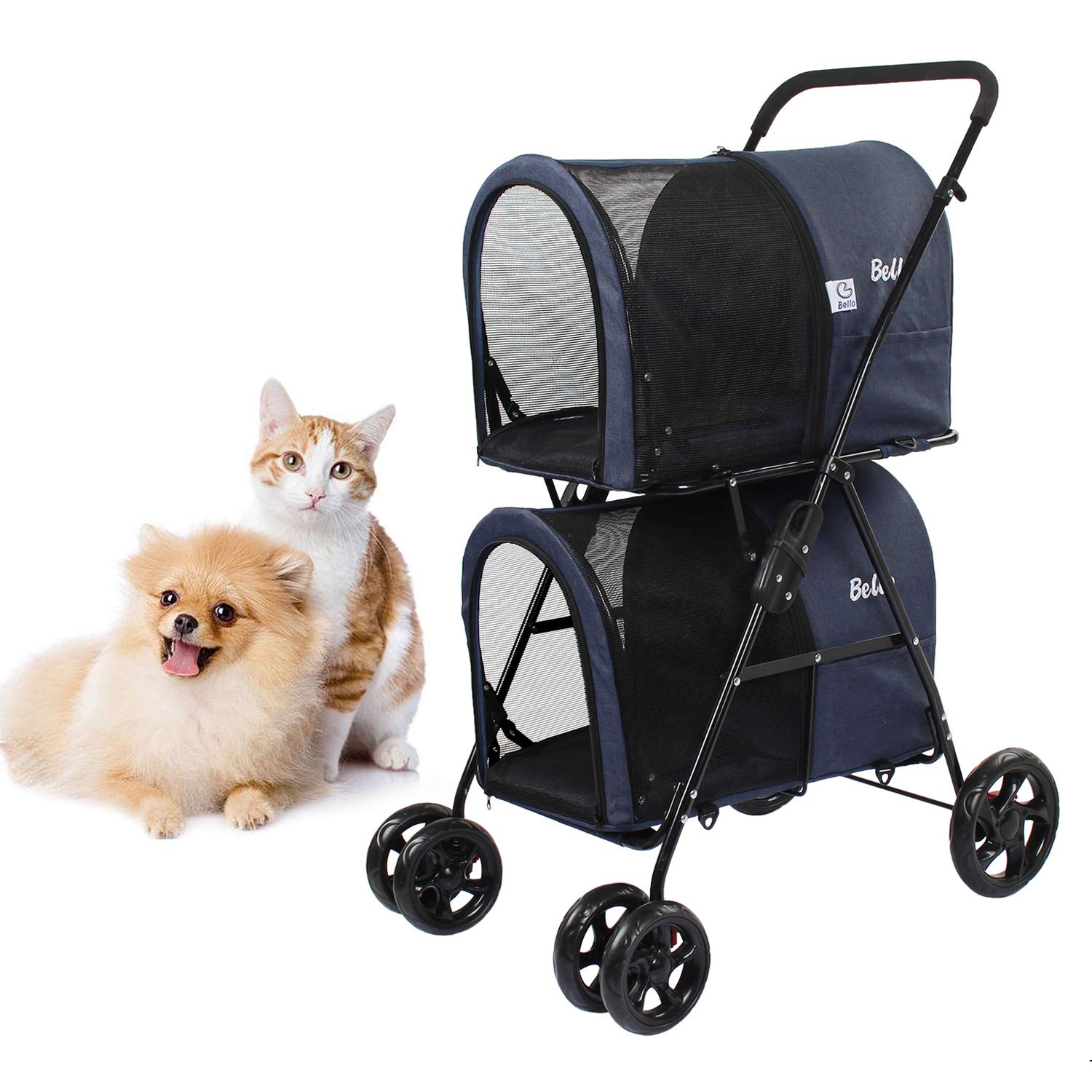 Dawoo Double Pet Stroller for Small Medium Dogs & Cats, Detachable 4 Wheels Cats Stroller Double Dog Stroller with 2 Portable Travel Carrier/One-Hand Folding/Suspension System (Dark Blue)