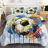 BSNTHO Soccer Comforter Set Boys Sports Bedding Set Twin Size for Kids Teens Hand Drawn Football Graffiti Style Comforter Design 3 Piece with 1 Comforter 2 Pillowcases