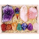 Crystals and Healing Stones Premium Kit Wooden Box - Chakra Stones Healing Crystals Set, Rose Quartz, Amethyst Cluster, Quart