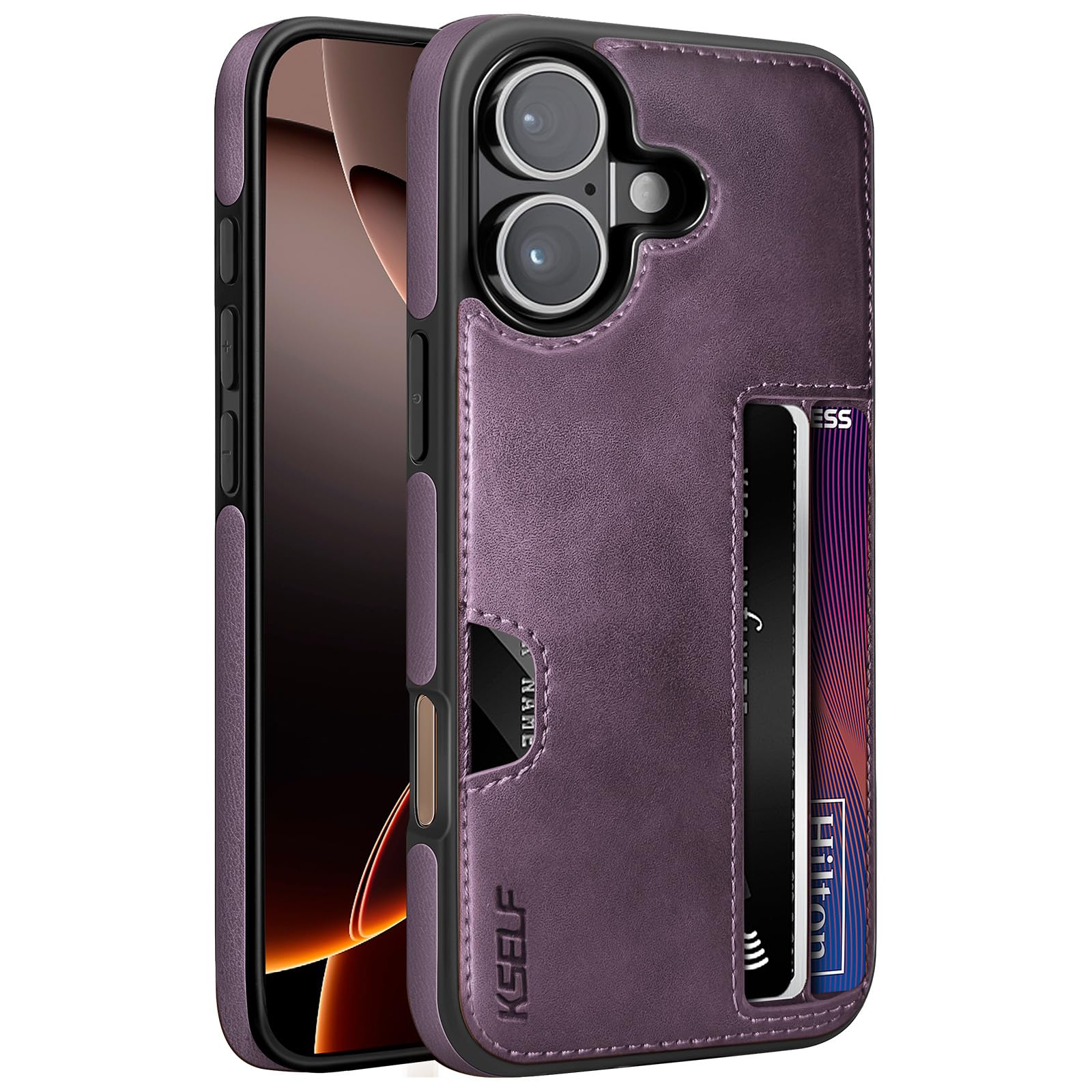 KSELF Leather Case for iPhone 16 with Card Holder Soft Leather Wallet Case, Protective Slim Shockproof Phone Cover for Man Women (Purple)