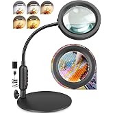 30X 10X Magnifying Glass with Light and Stand, 5 Color Modes Stepless Dimmable, Optical Grade HD Lens, LED Lighted Magnifier Hands Free with Flexible Gooseneck for Close Work, Craft, Hobby, Painting