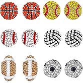 QLYOVWE 6 Pairs Sport Acrylic Stud Earrings Set for Women Sparkly Crystal CZ Football Baseball Basketball Volleyball Soccer Rugby Earrings Sport Lover Holiday Party Game Jewelry