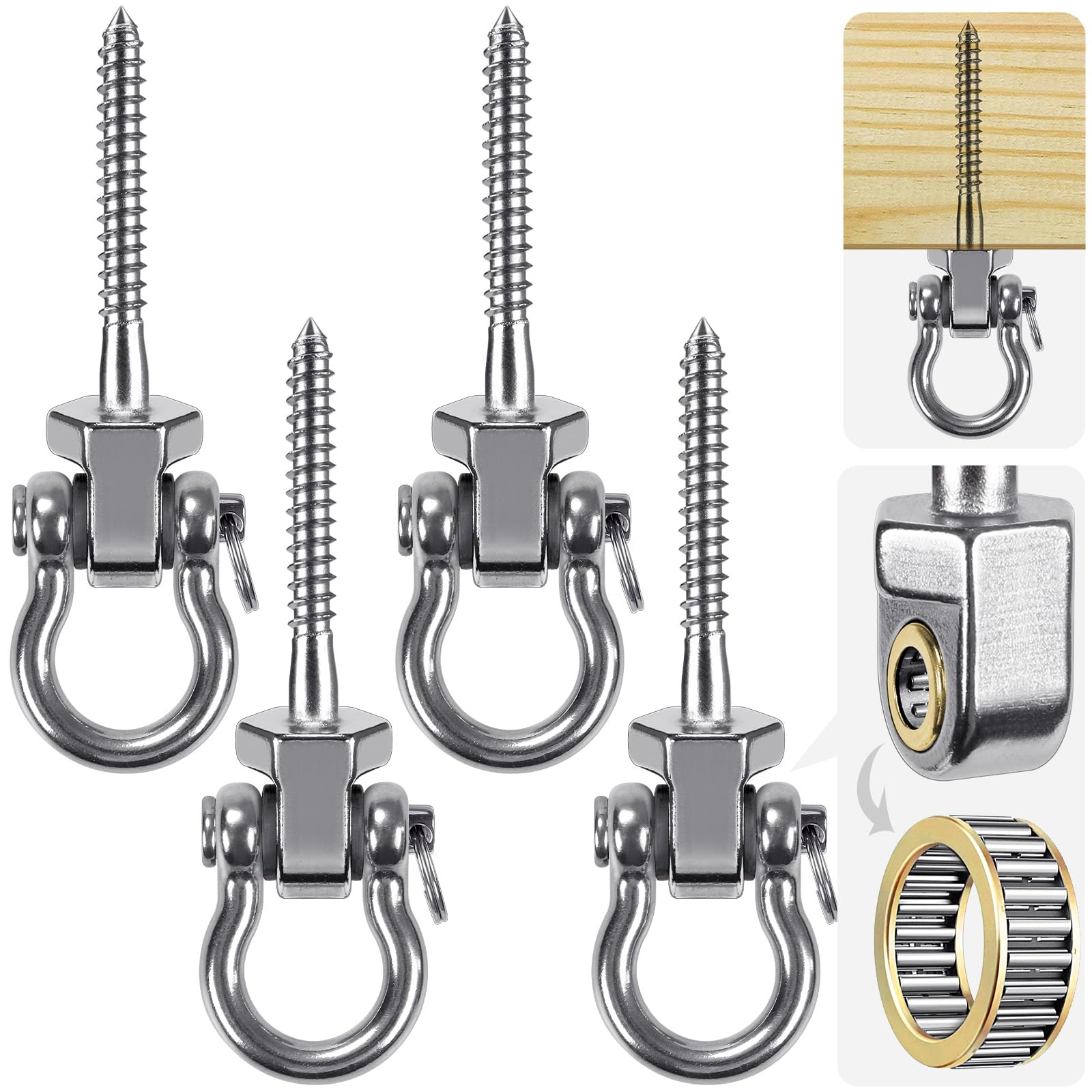 SELEWARE Heavy Duty Stainless Steel Swing Hangers with Bearings, 4-Pack - Quiet and Smooth Swivel Hooks for Porch, Patio, Playground - Indoor/Outdoor Swing Set Hardware, 1500LB Capacity