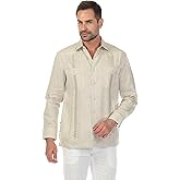 Mojito Collection Men's 100% Linen Guayabera Shirt Long Sleeve with Embroidery and Pin Tuck Trim Accent