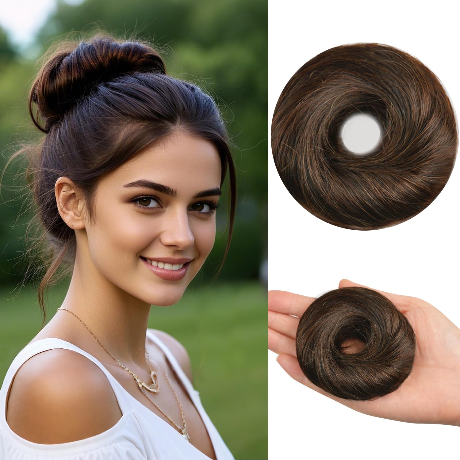 Photo 1 of Human Hair Bun Messy Bun Hair Piece 100% Real Human Hair Natural Wavy Scrunchies Hair Bun Hairpiece with Elastic Rubber Band for Women Bun Extensions(#2 Dark Brown)