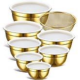 GVKGVK 8 Pcs Gold Mixing Bowls with Airtight Lids Set Stainless Steel Mixing Bowls with Colander Gold Nested Bowl for Baking Prepping and Serving Food (0.6, 0.9, 1.3, 1.5, 2.0, 2.5, 3.0 QT)