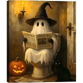 Framed Halloween Ghost Bathroom Canvas Wall Art 8x12 In, Funny Spooky Toilet Scene Canvas Prints Artwork, Dark Halloween Wall Decor Pictures for Office Home Decoration