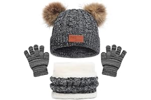 ENWOKRAN 3pcs Kids Winter Hat Scarf Gloves Set, Fleece Lining Beanie Hat with Pom, Knit Gloves Neck Warmer for Girls Boys 2-6 Years