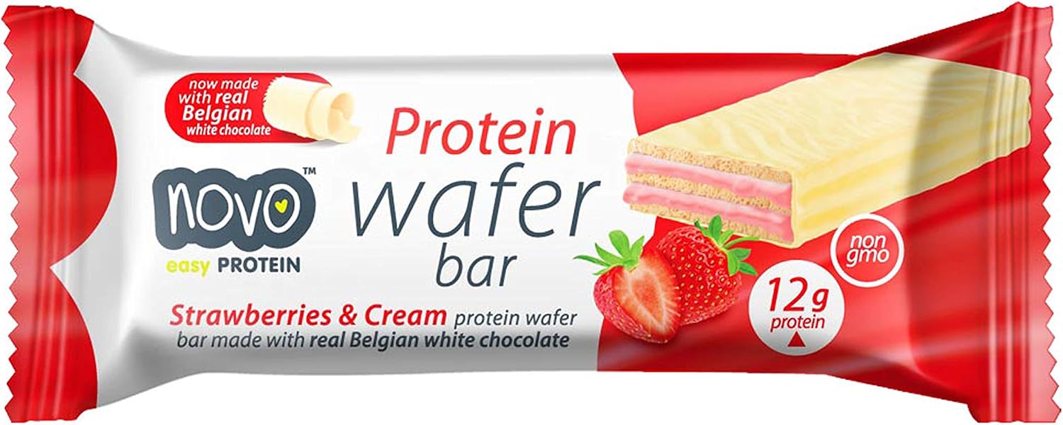 Novo Nutrition | Protein Wafer Bar | Pack of 12 x 40g | Strawberries & Cream Flavour | Healthy Crispy Wafer Snack with High Protein and Real Belgian White Chocolate | Suitable for Vegetarians - Image 3