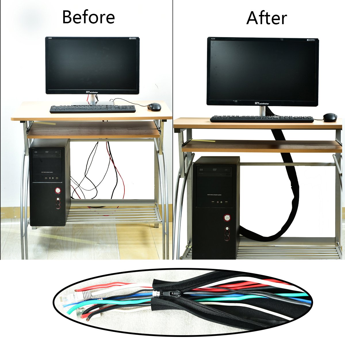 Cable Management Sleeve, Flexible Cable Organizers with Zipper for TV /Computer, 19.5 Inch Black Cord Covers ，4 Packs