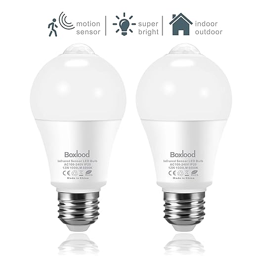 2x bombillas con sensor de movimiento, 6000K Blanco Frío, luces de seguridad LED de 12W, sensor PIR y sensor de luz incorporados, encendido/apagado ...