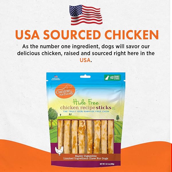 CANINE NATURALS CHICKEN RECIPE CHEW – RAWHIDE FREE DOG TREATS – MADE FROM USA RAISED CHICKEN – ALL-NATURAL AND EASILY DIGESTIBLE – 40 PACK OF 5 INCH STICK CHEWS