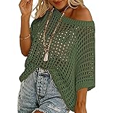 Chvity Women's Summer Crew Neck Short Sleeve Sweater Casual Off Shoulder Tops Hollow Out Crochet Coverups Pullover Knit Tops
