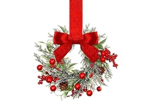Small Christmas Wreath, 12in Christmas Kitchen Cabinet Wreaths with Bow Ribbon and Red Berries, Small Window Wreath Artificia
