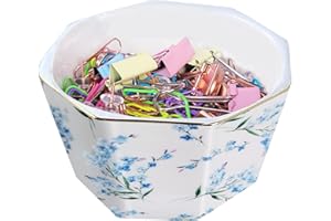 LEAZUL Ceramic Paper Clip Holder With Gold Line Geometric Floral Paper Clip Dispenser for Desk Cute Paper Clip Organizer Office Binder Clip Holder Gift for Office Blue Flowers