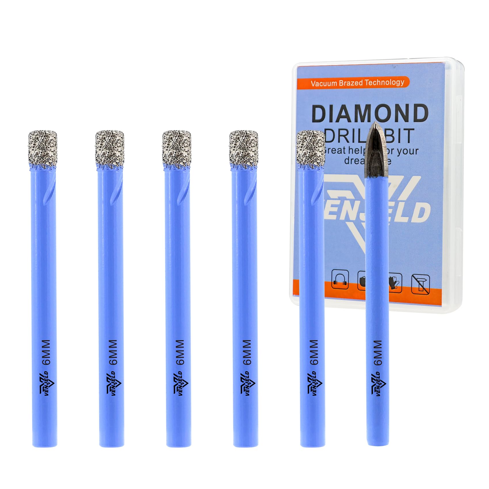 Dry Diamond Drill Bits Set - 6mm 5Pcs Tile Hole Saw Kit and 1Pc 6mm Carbide Drill Bit for Ceramic Porcelain Tile Marble Granite - Round Shank with Storage Case VENJELD