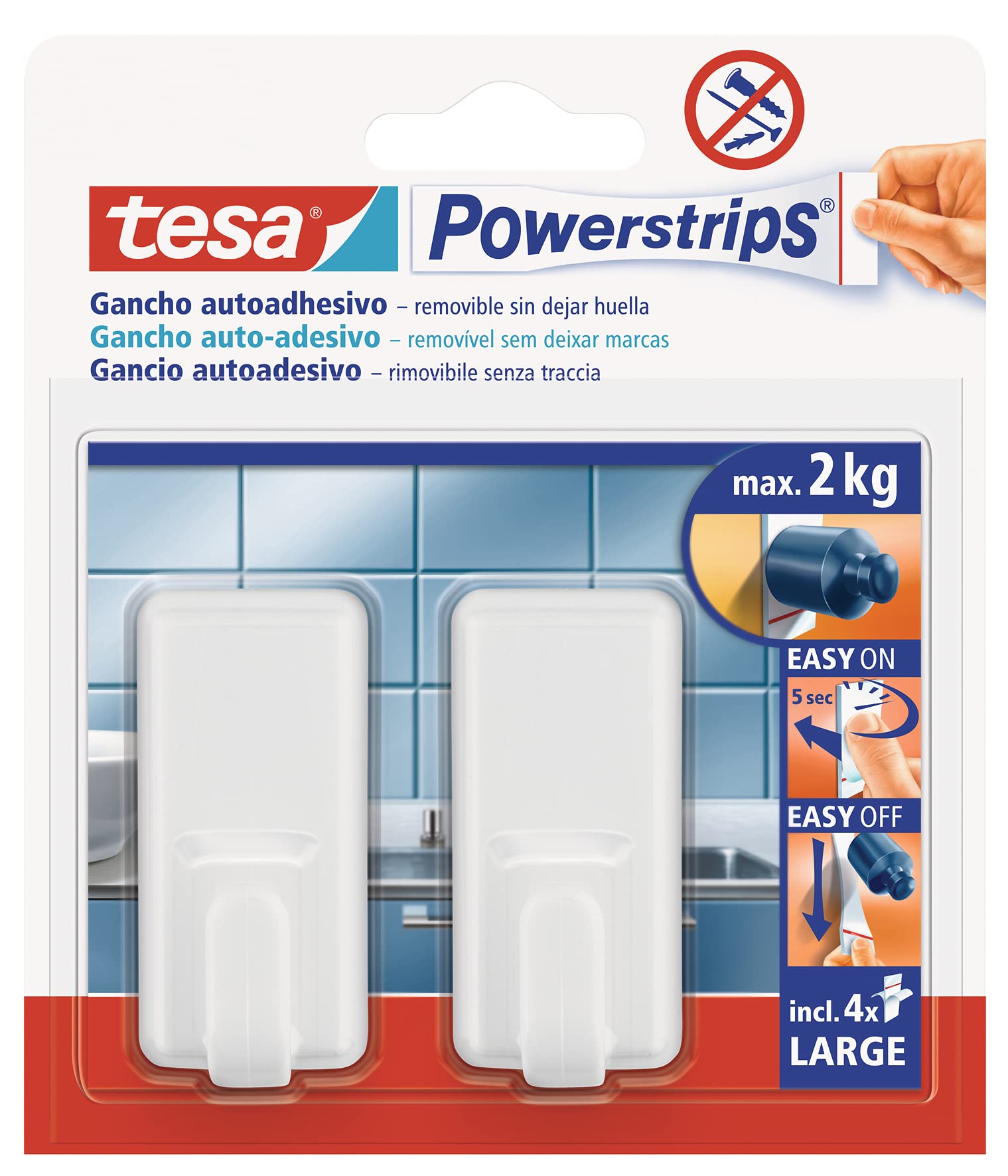 tesa Powerstrips Large Adhesive Hooks (2+4 Adhesive Strips) - White
