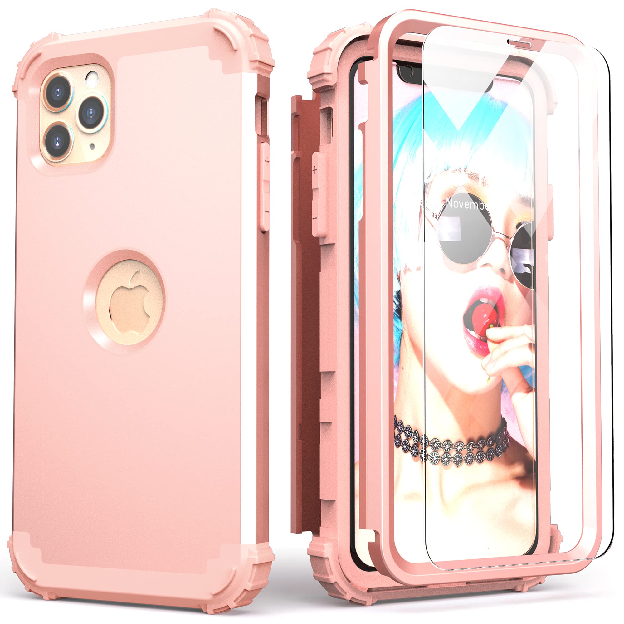 Photo 1 of IDweel for iPhone 11 Pro Max Case with Tempered Glass Screen Protector,Hybrid 3 in 1 Shockproof Slim Fit Heavy Duty Protection Hard PC Cover Soft Silicone Bumper Full Body Case, Rose Gold