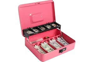 Large Cash Box with Combination Lock, Metal Money Box for Cash, Lovndi Lock Box with Money Tray, Lockbox 11.8 x 9.5 x 3.54 Inches, Pink