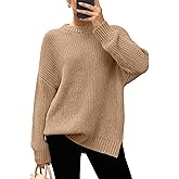 Zenlonr Women Long Sleeve Sweaters 2025 Fall Winter Ribbed Knit Pullover Sweater Casual Loose Crewneck Split Jumper Tops