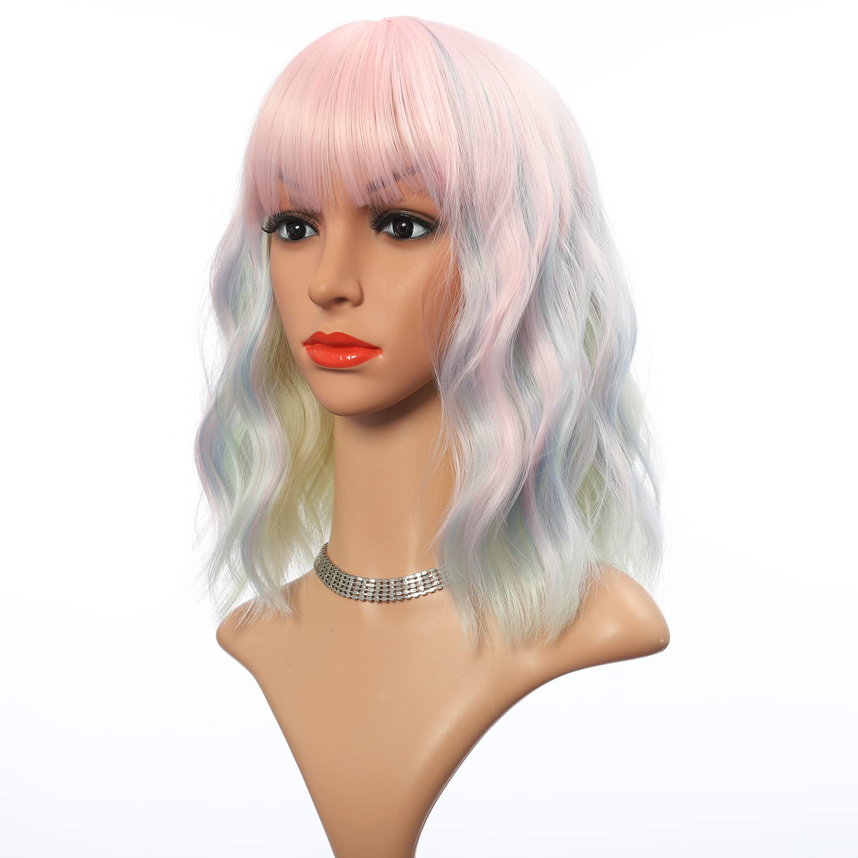 Photo 1 of VCKOVCKO Pastel Wave Wig for Girls Natural Wavy Wig With Air Bangs Short Bob Women's Shoulder Length Curly Wavy Synthetic Cosplay Colorful Wigs(12",Rainbow)