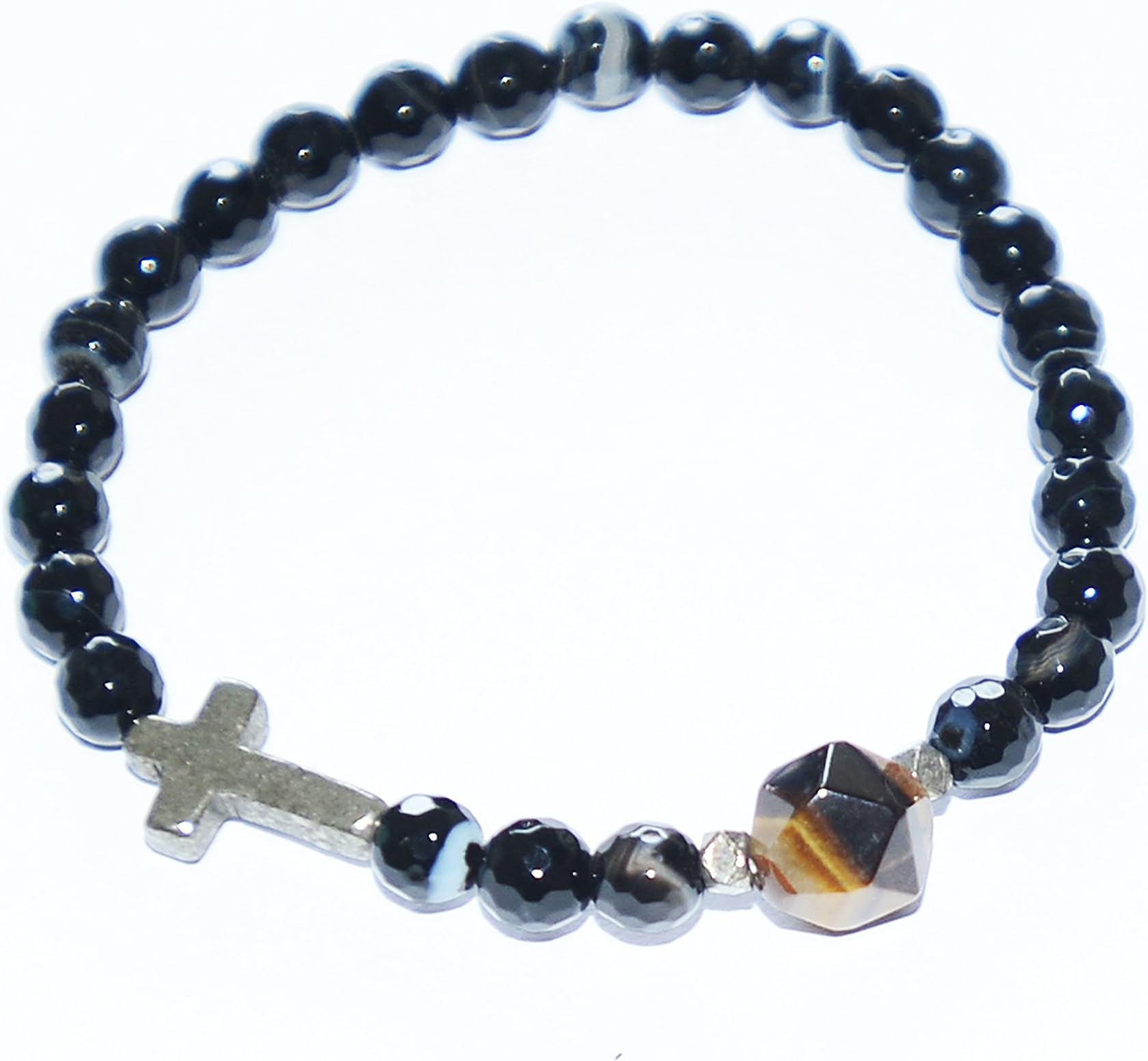 Black Moonstone Larvikite Faceted Beads Chakra Bracelet With Crucifix Charm