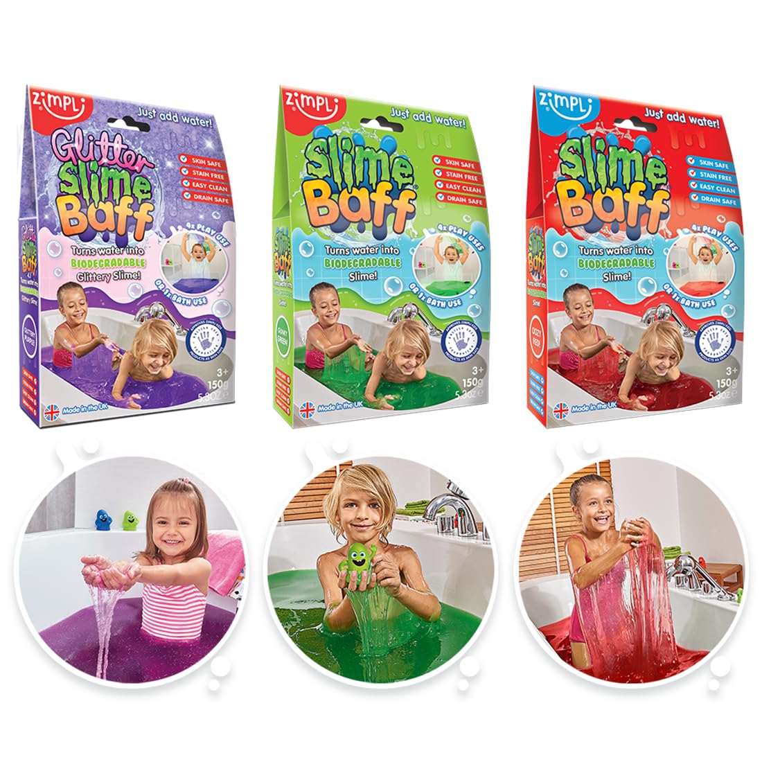 ZIMPLI - 3 x Slime Baff Bundle, Glitter Purple, Green & Red, Magically turns water into thick, colourful slime, Party Bag Favours, Stocking Fillers, UK Made