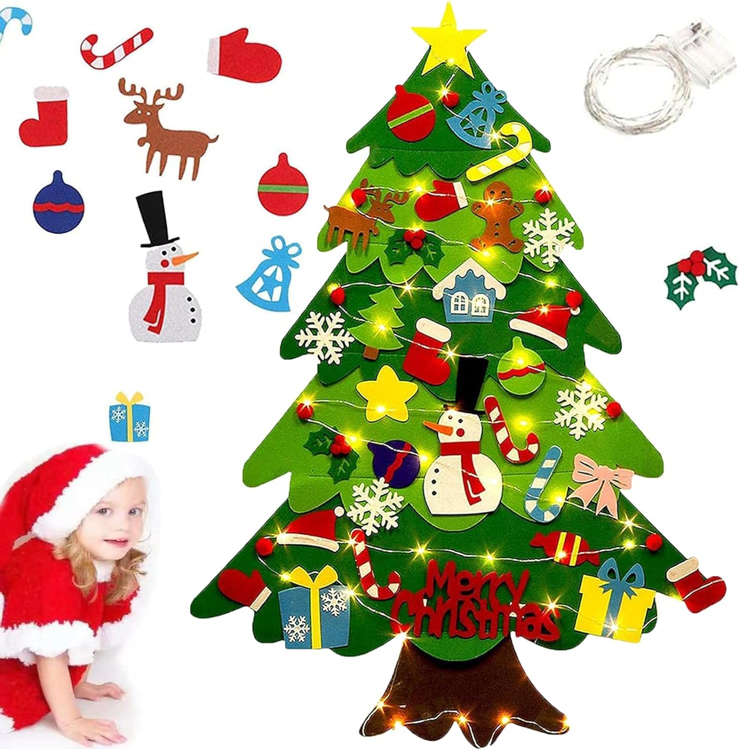 Photo 1 of Felt Christmas Tree for Toddlers, Montessori Felt Christmas Tree with Lights for Kids