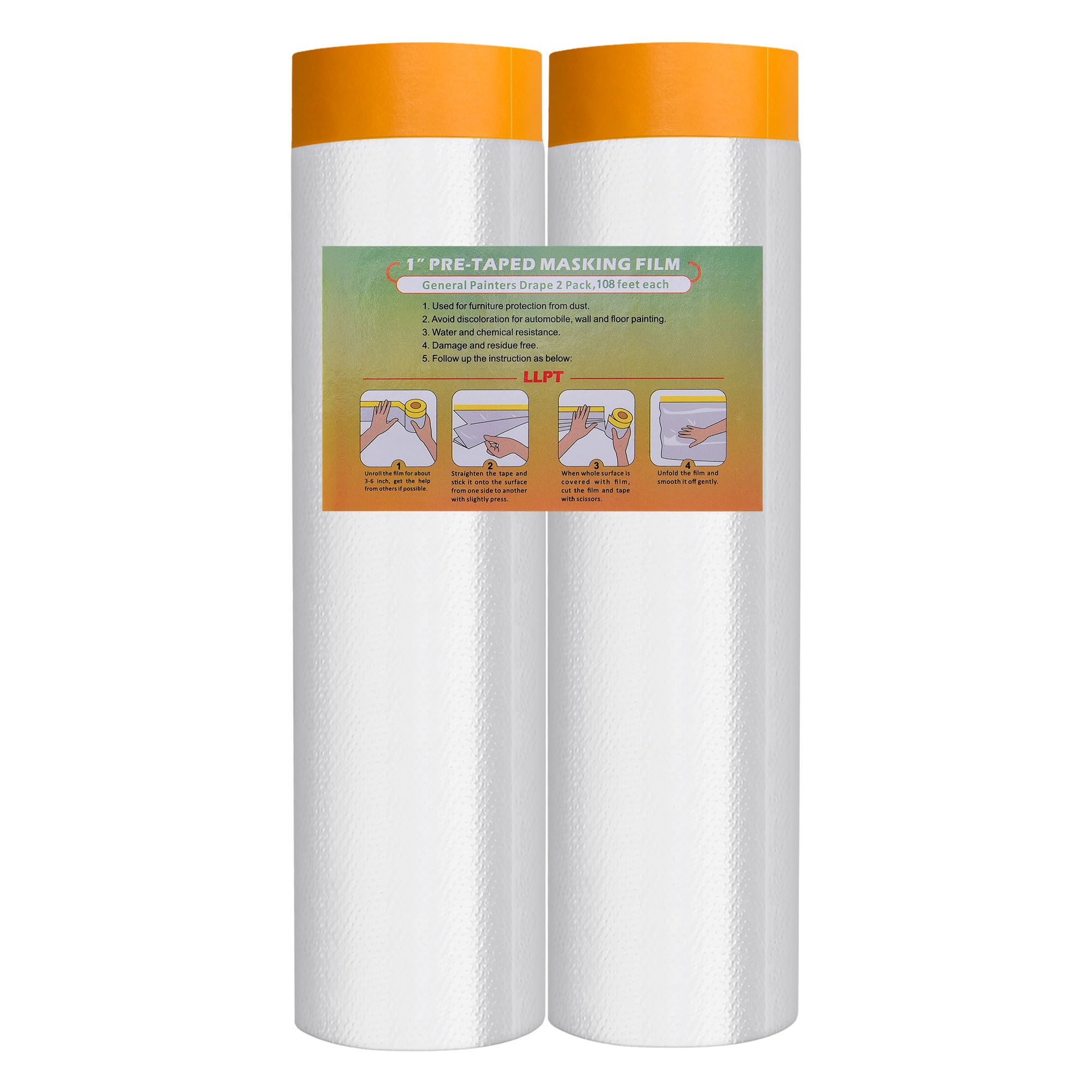 LLPT Tape and Drape Pre-Taped Masking Film | 2-Pack | 270cm(Unfolded) x 33m | Versatile Painter's Plastic Dust Sheets | for Auto Wall Furniture Painting and Spraying Protection (MFTO2633)