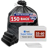 Reli. 55-60 Gallon Trash Bags Heavy Duty | 150 Trash Bags, Twist Ties | Black, Serious Garbage Cleanup | Large Garbage Bags with Twist Ties, Made in USA | SuperValue