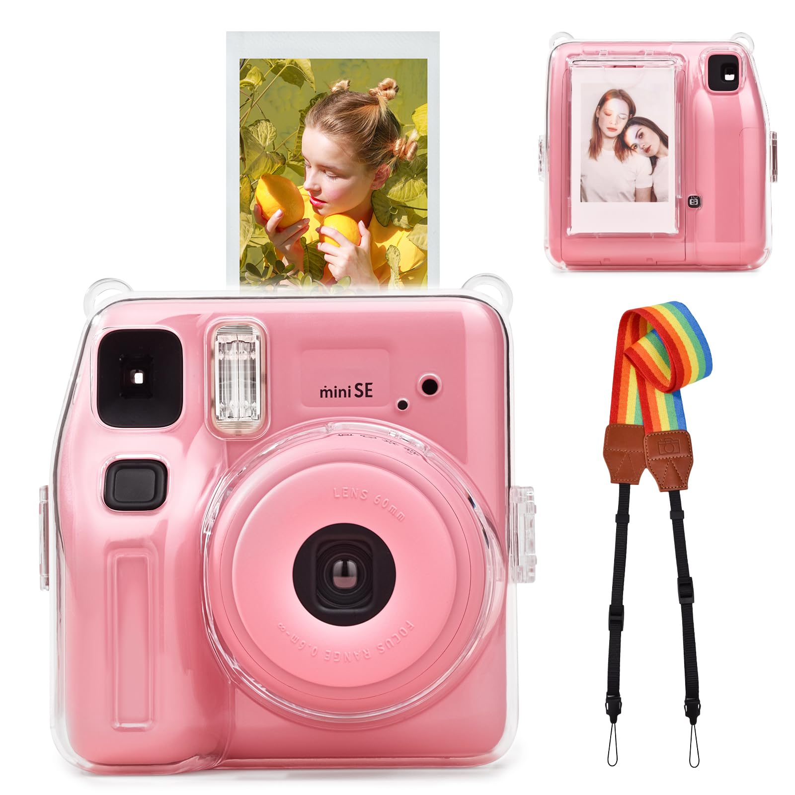 VOVMOEYA Clear Protective Case Compatible with Fujifilm Instax Mini SE,Carrying Case Bag for Fuji Instax Mini SE Instant Camera, PC Cover with Photo Storage Pocket & Nylon Rainbow Strap