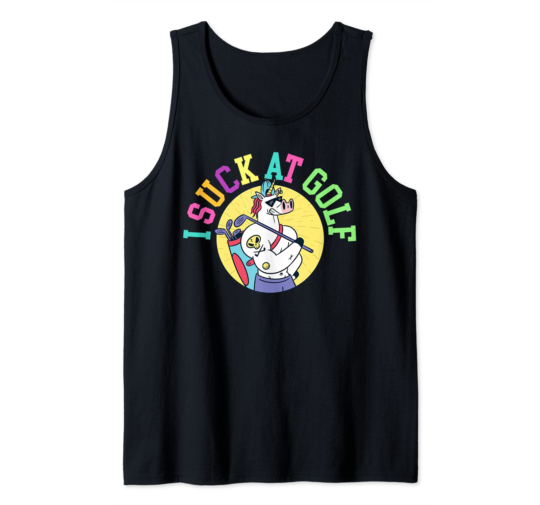I Suck At Golf Unicorn Ball Swing Golfing Course Sports Golf Tank Top
