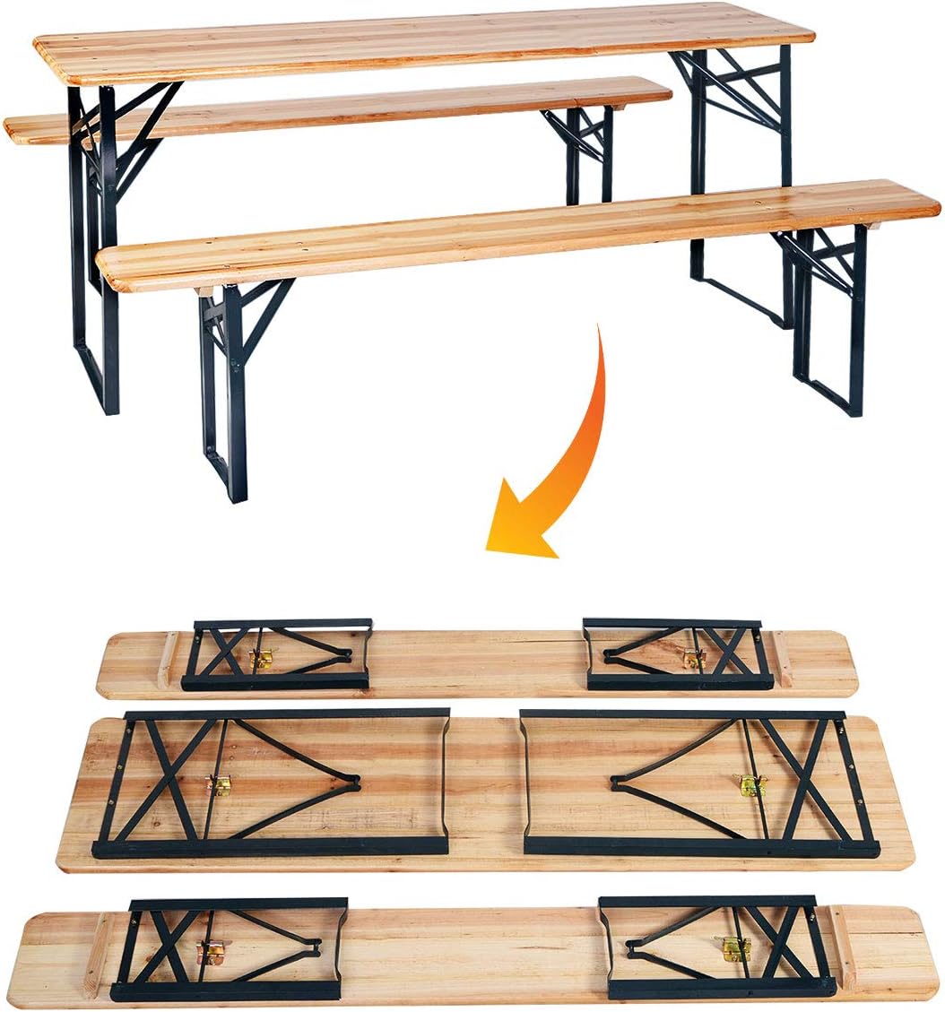 Giantex 70” 3-Piece Portable Folding Picnic Beer Table with Seating Set Wooden Top Picnic Table for Patio Outdoor Activities Garden Use, 30” Table Height: Kitchen & Dining
