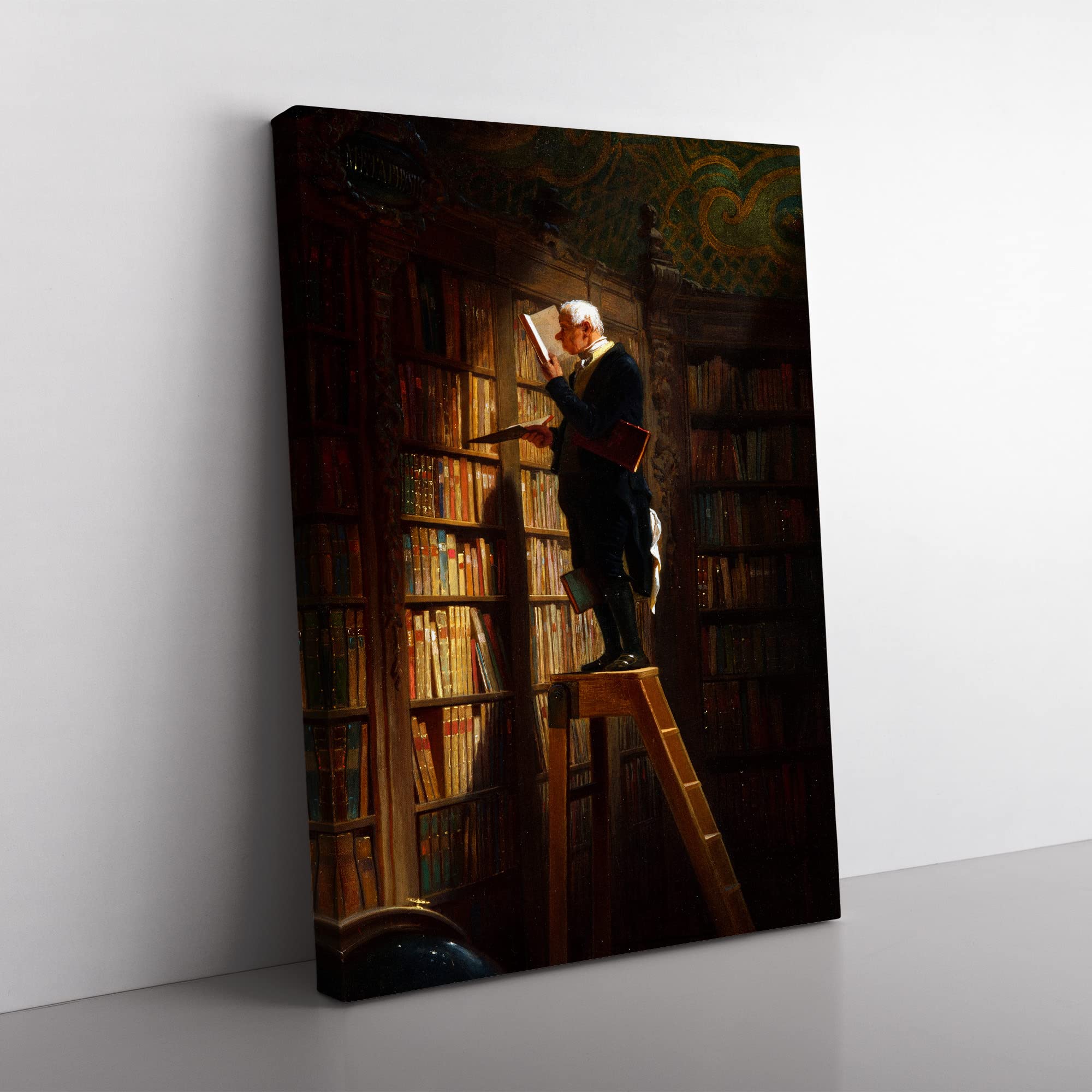 Bookworm By Carl Spitzweg Classic Painting Canvas Wall Art Print Ready to Hang, Framed Picture for Living Room Bedroom Home Office Décor, 50x35 cm (20x14 Inch)