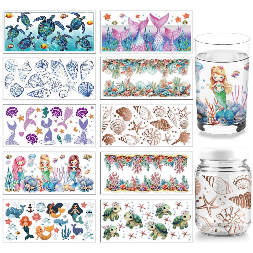 arricraft 10 Sheets UV DTF Cup Wrap, 10 Styles Ocean Animal Theme Turtle Mermaid Rub on Transfers PVC Transfer Stickers Waterproof Rub Decals for DIY 16OZ Glass Cups Furniture Wood